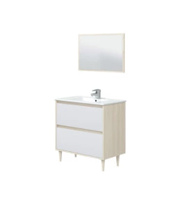 MOBILE BAGNO "VERONA" IN TRUCIOLARE MELAMINICO CON SPECCHIO COLORE BIANCO E ROVERE, 80X45X150 CM